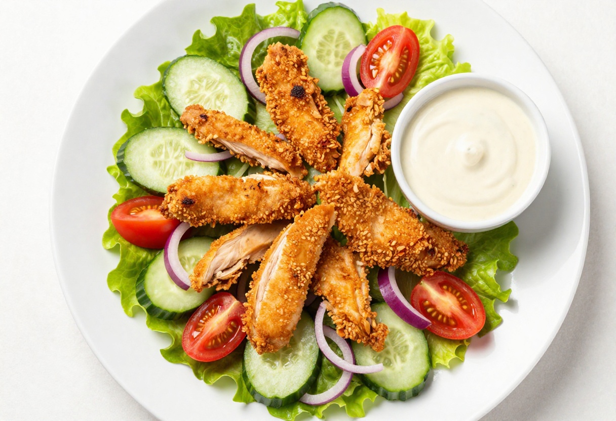 Crispy chicken salad on a white plate with fresh vegetables and a side of dressing.
