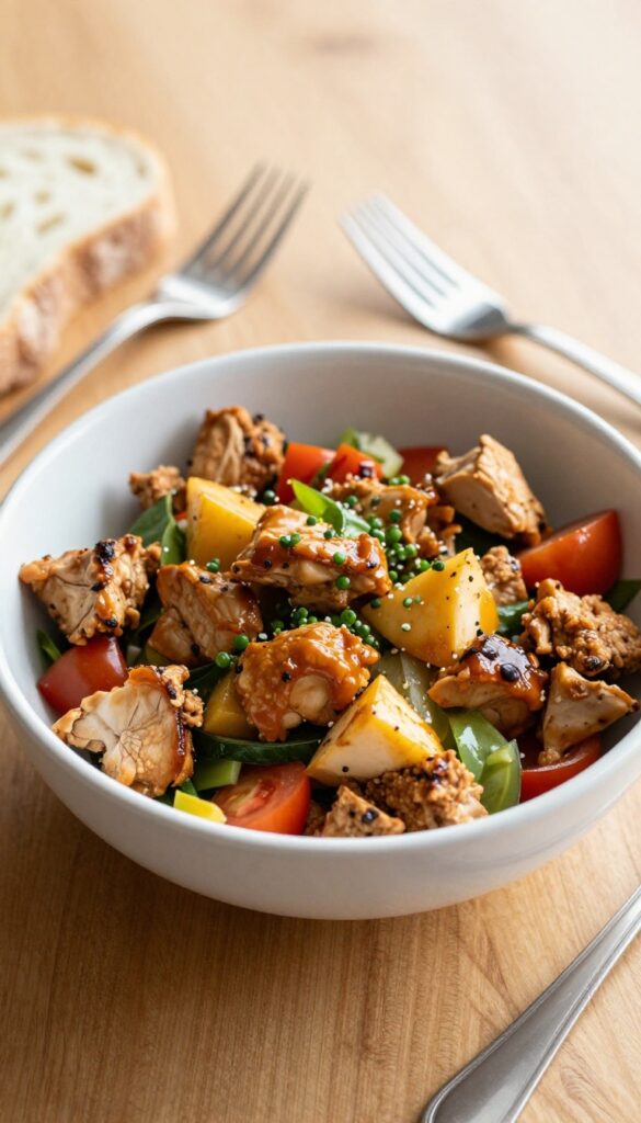 Chicken salad bowl with fork and bread on wooden table.