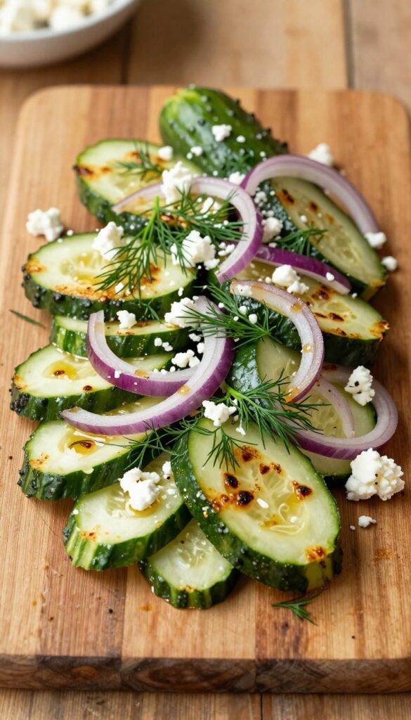 Warm roasted cucumber and dill salad with red onion and feta cheese on a wooden table