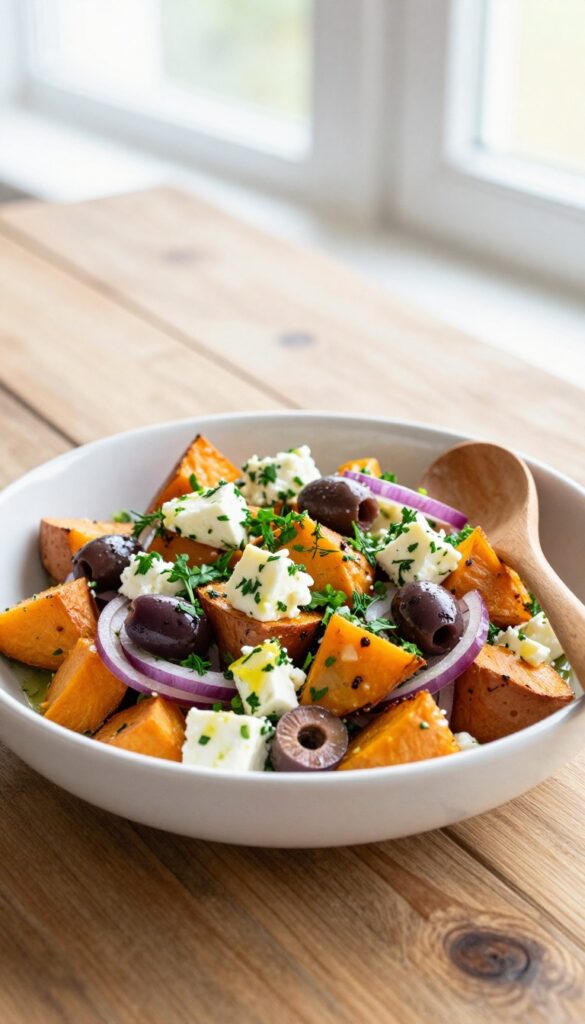 A Mediterranean-inspired sweet potato salad with roasted sweet potatoes, feta cheese, olives, and fresh herbs in a white bowl on a rustic wooden table.