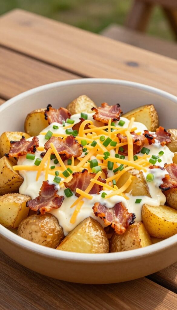 A creamy ranch and bacon baked potato salad in a rustic bowl on a wooden table, showcasing roasted potatoes, bacon, cheese, and green onions in natural light.