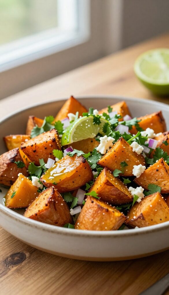 A vibrant bowl of roasted sweet potato salad with lime vinaigrette, cilantro, and red onion, garnished with feta cheese, in natural light for summer sides.