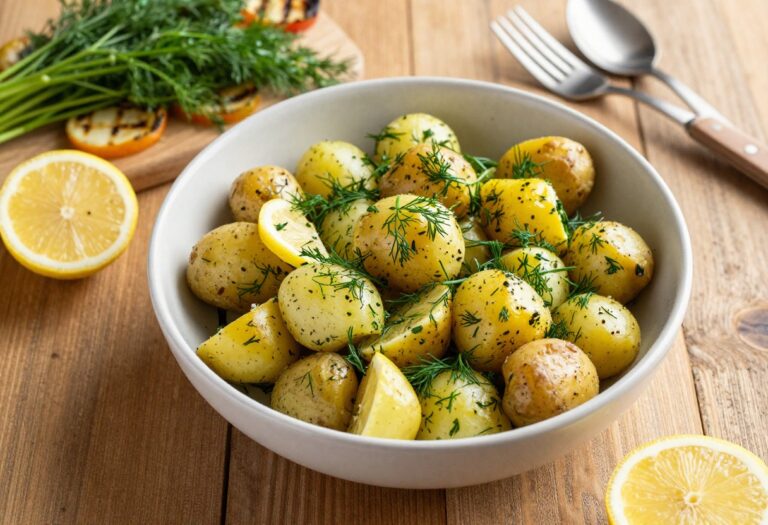 A colorful bowl of dill potato salad with fresh herbs and lemon slices on a wooden table, ready for a weekend barbecue.