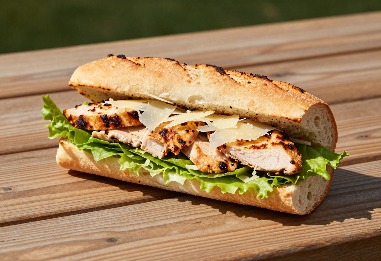 Chicken Caesar Salad Sandwich cut in half on a wooden picnic table