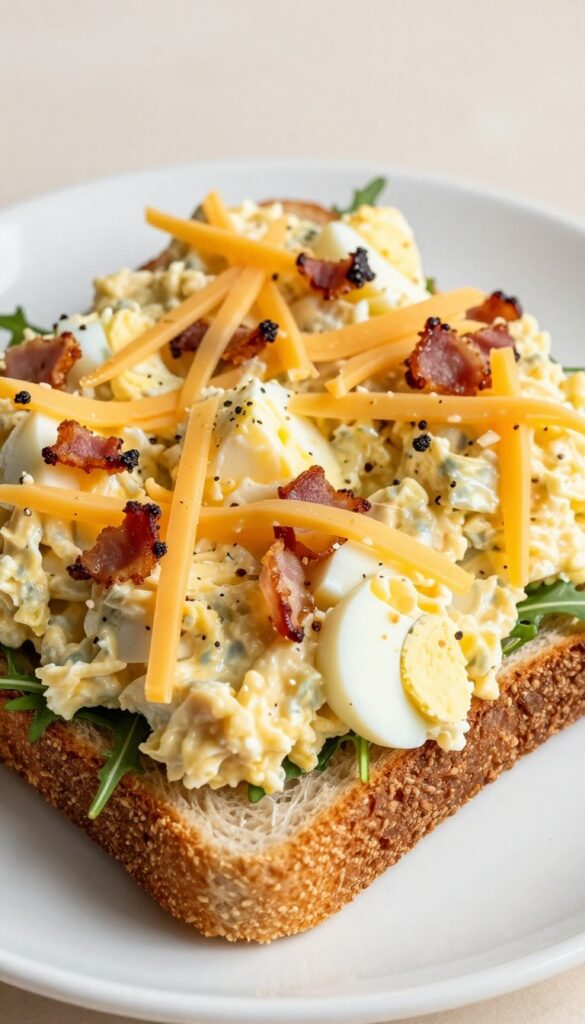Close-up of a bacon and cheddar loaded egg salad sandwich on toasted bread with arugula, showcasing creamy eggs, crispy bacon, and melted cheese in natural light