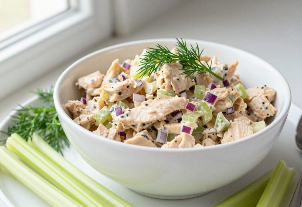 Bowl of keto chicken salad with fresh dill garnish and celery sticks