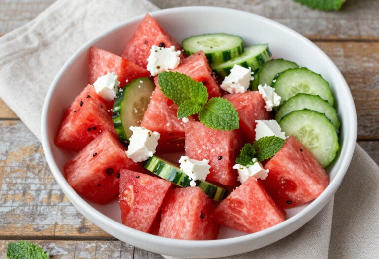 Fresh cucumber watermelon salad with feta cheese and mint leaves in a white bowl
