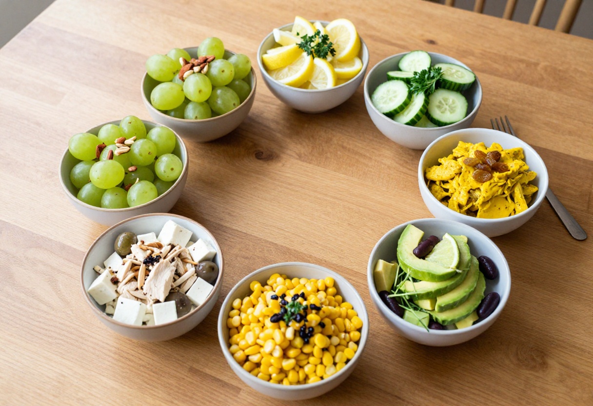 Six bowls of chicken salad with various ingredients arranged on a wooden table