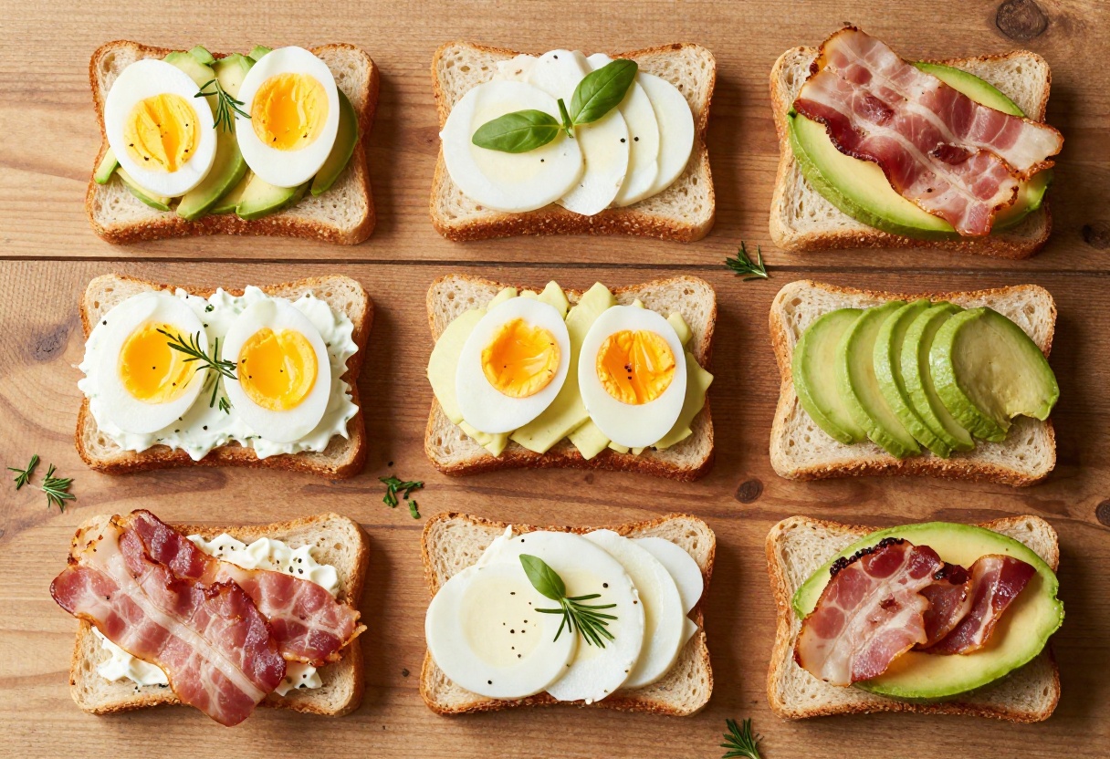 Assortment of six high-protein egg salad sandwiches with various toppings and breads, displayed on a wooden table with fresh ingredients.