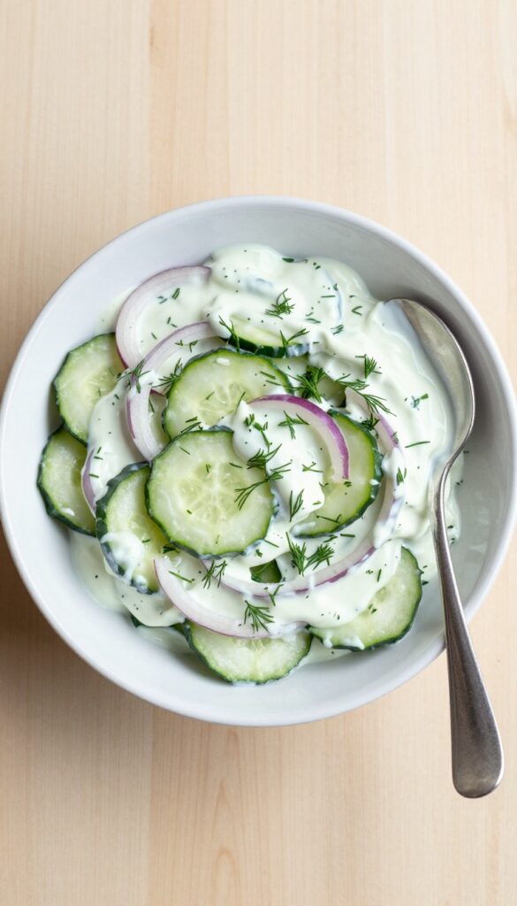 Creamy cucumber dill salad in a white bowl on a wooden table