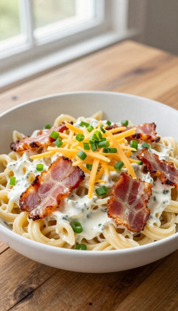 A bowl of bacon ranch pasta salad with creamy dressing, bacon, cheese, and green onions, served in natural light for a comforting dinner recipe.