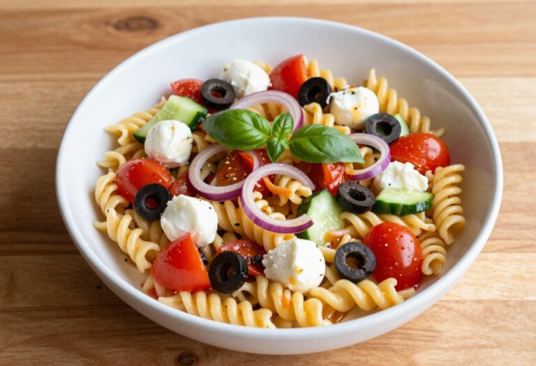Pepperoni pasta salad with Italian dressing in a white bowl on a wooden table