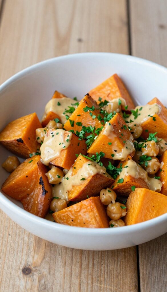 A close-up photo of a colorful sweet potato salad with chickpeas and tahini dressing, perfect for meal prep, served in a bowl on a wooden table.