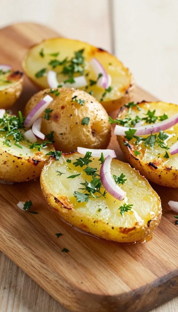 Grilled potato salad with charred baby potatoes, fresh herbs, and red onion in a vinaigrette, served on a wooden platter.