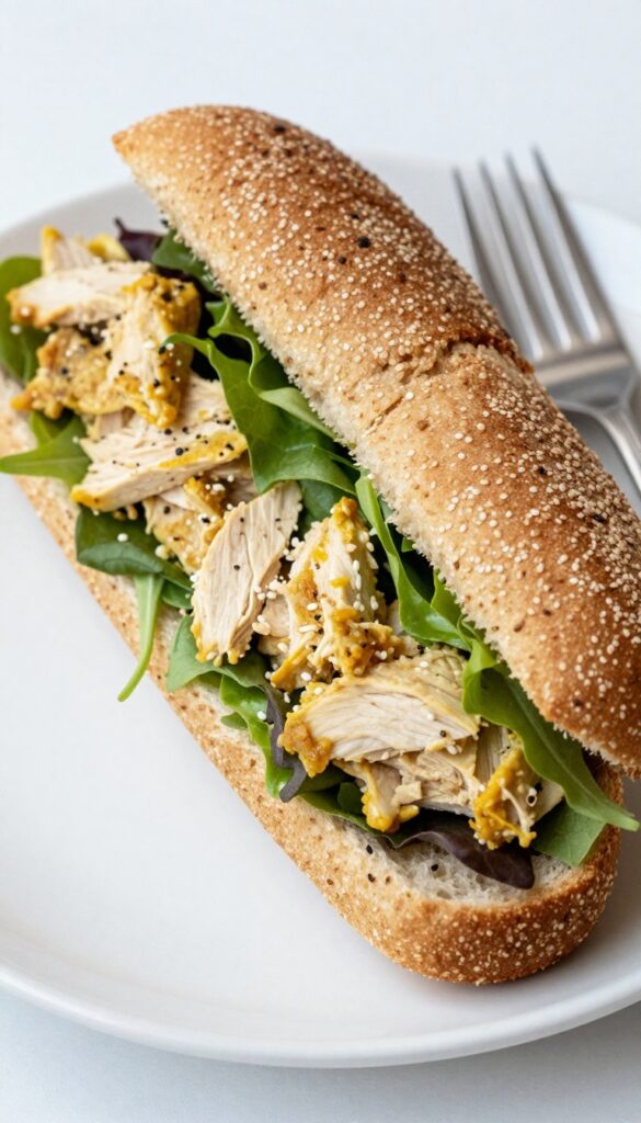 Curry chicken salad sandwich on whole wheat bread with side salad