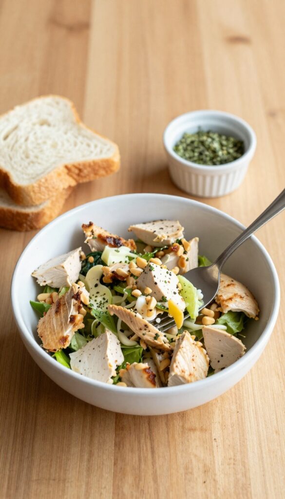 Chicken salad on a fork with bread and herbs in background