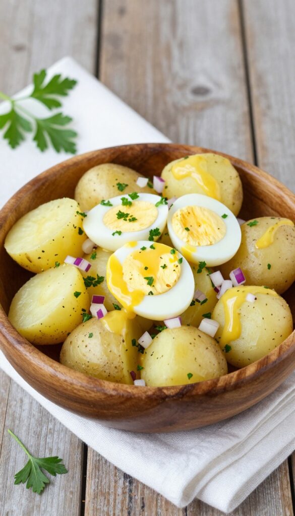 A bowl of quick mustard-potato salad with hard-booiled eggs, red onion, and parsley, ready for a backyard BBQ.