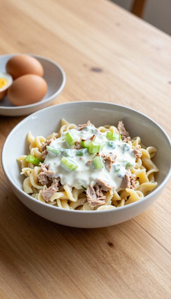 A bowl of tuna pasta salad with yogurt dressing, featuring pasta, tuna, and celery in a creamy sauce, served with boiled eggs and a side salad on a wooden table, representing a light and easy lunch recipe.