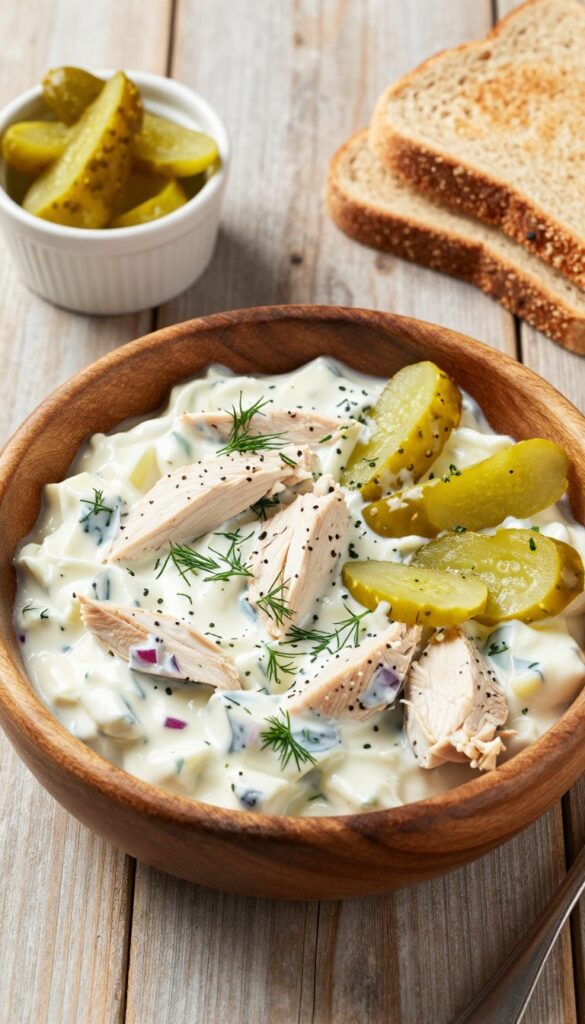 Greek yogurt dill pickle chicken salad in a wooden bowl with fresh dill and pickles