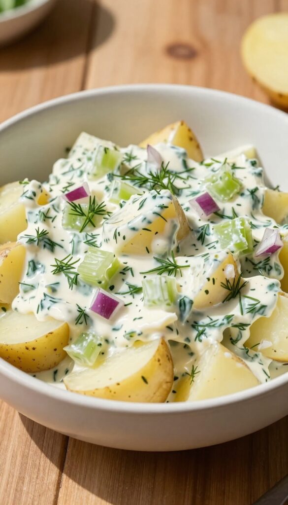 A bowl of classic creamy dill potato salad with fresh dill, celery, and red onion, served on a wooden table in natural light.