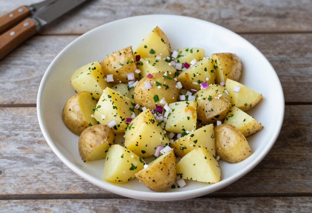 Smashed potato salad with fresh herbs and red onion in a ceramic bowl, perfect for backyard cookouts
