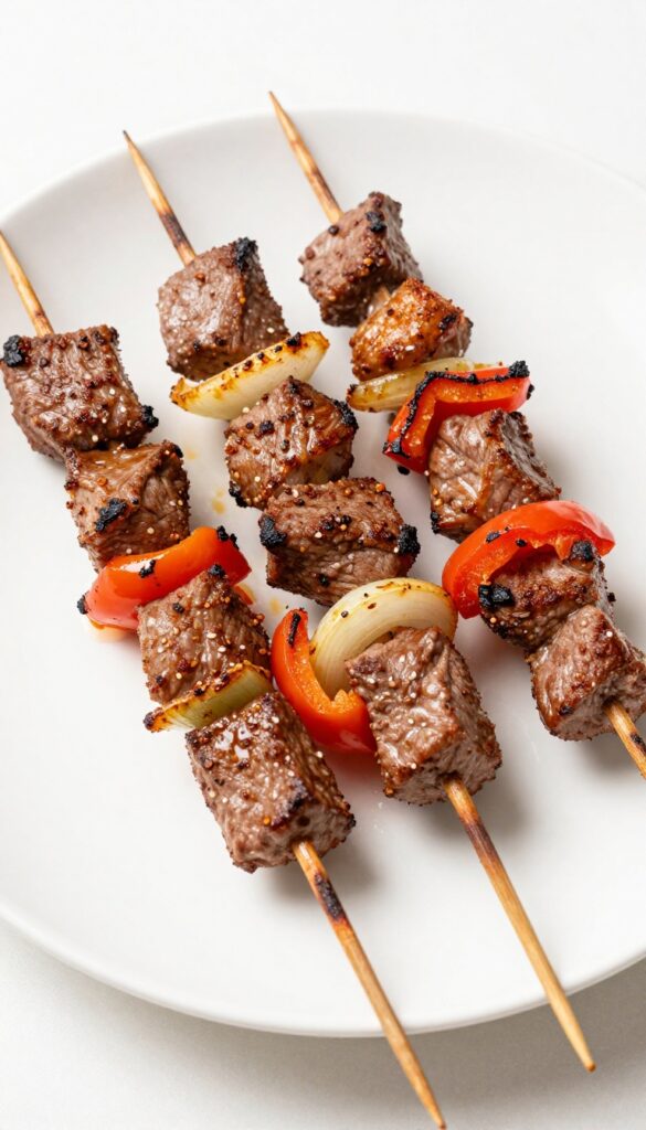 Spicy grilled beef kebabs with charred beef cubes, bell peppers, and onions on a skewer, served on a white plate, highlighting bold spices and smoky flavors in a clean, natural setting.