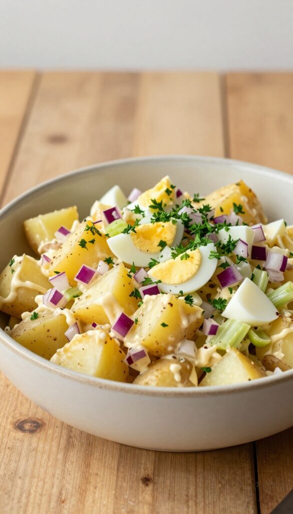 A close-up view of classic mustard potato salad in a bowl, featuring creamy dressing, potatoes, vegetables, and eggs, with natural lighting and clean composition.