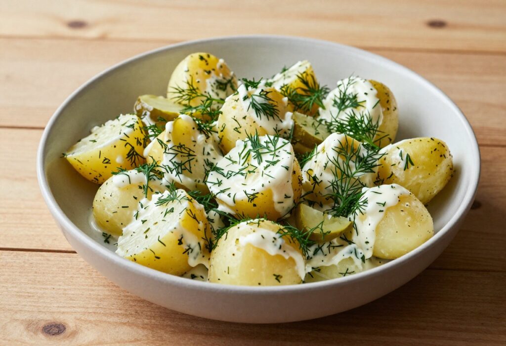 A bowl of dill pickle potato salad with creamy potatoes, tangy pickles, and fresh herbs, ready to serve.
