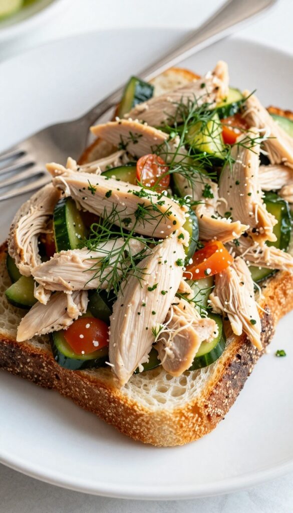 Dill chicken salad on toasted sourdough bread with fork
