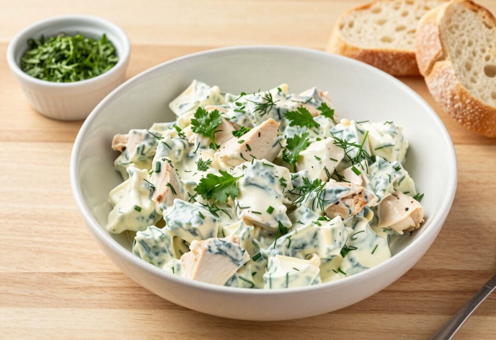 Bowl of classic chicken salad with fresh herbs on a wooden table with bread