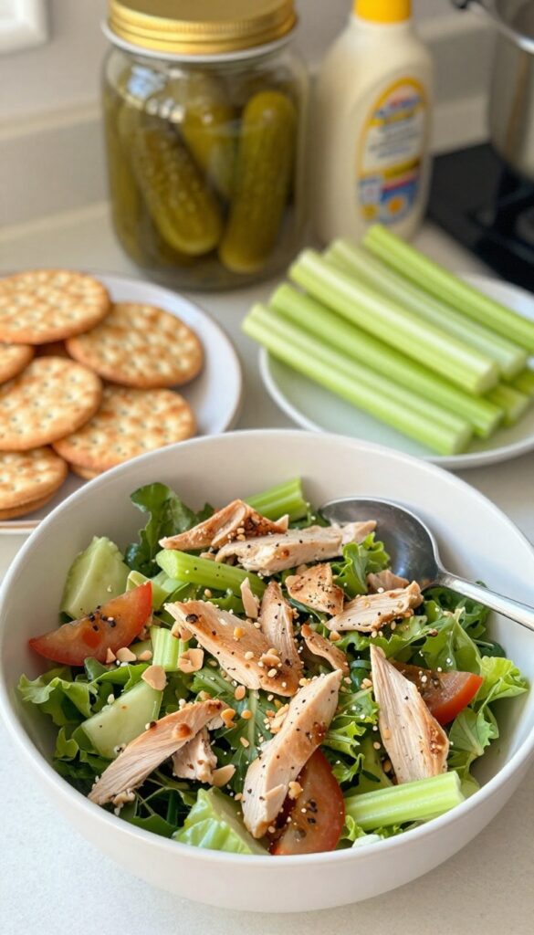 Bowl of chicken salad with crackers and celery sticks on a kitchen counter.