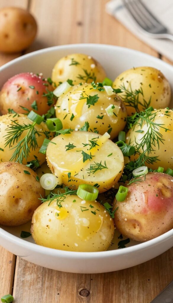 A bowl of zesty lemon-dill potato salad with fresh herbs, featuring tender potatoes in a tangy dressing with dill, parsley, and green onions, arranged on a rustic table in bright natural light.