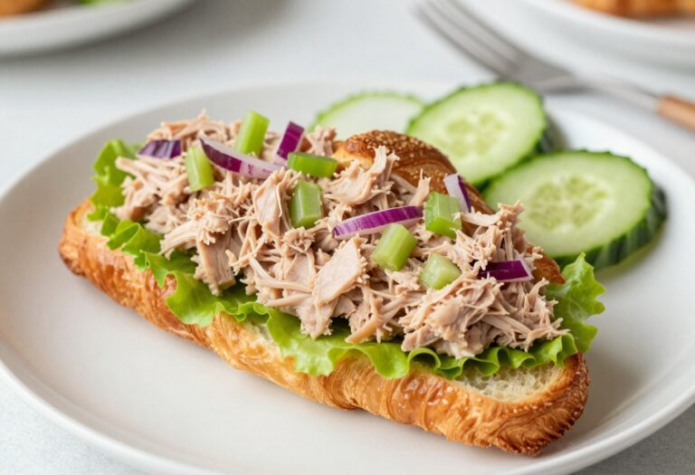 A close-up view of a tuna salad croissant sandwich, showcasing the flaky croissant and textured tuna filling with fresh vegetables, ideal for a recipe blog featured image.