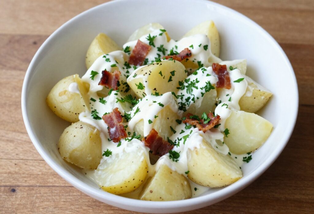 Vegan potato salad with smoky bacon bits and cheesy flavor in a white bowl