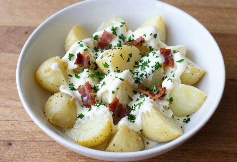 Vegan potato salad with smoky bacon bits and cheesy flavor in a white bowl