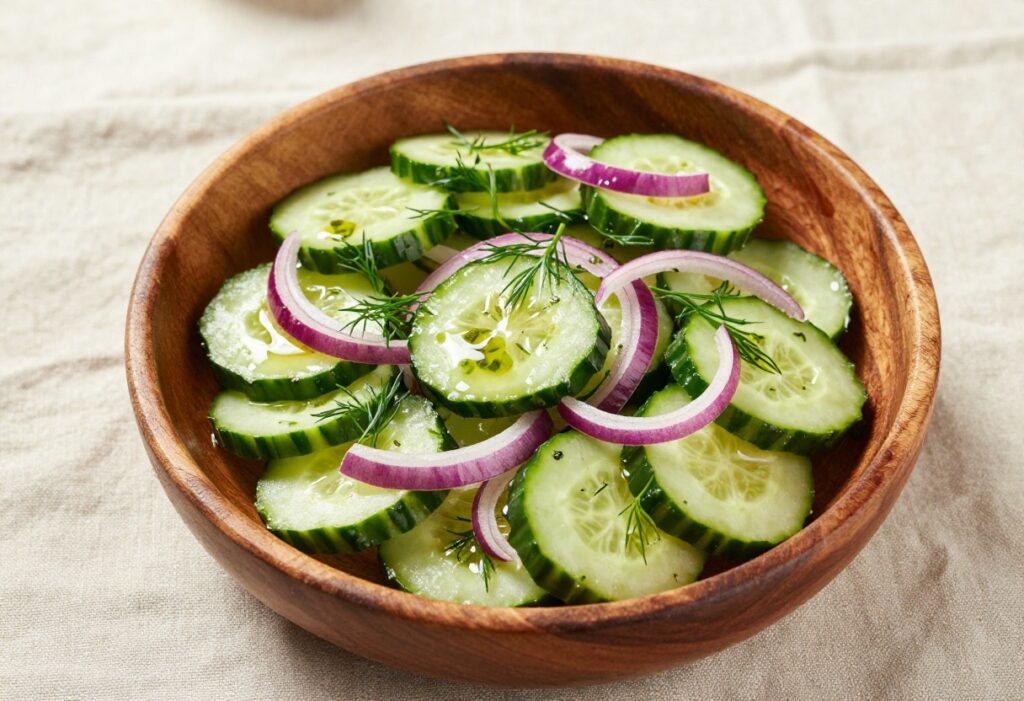Crisp cucumber salad with vinegar dill dressing in a wooden bowl, garnished with fresh dill
