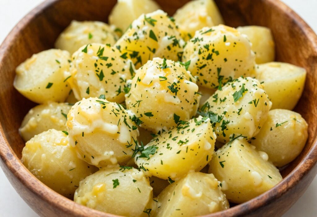 Mustard potato salad with fresh herbs in a wooden bowl