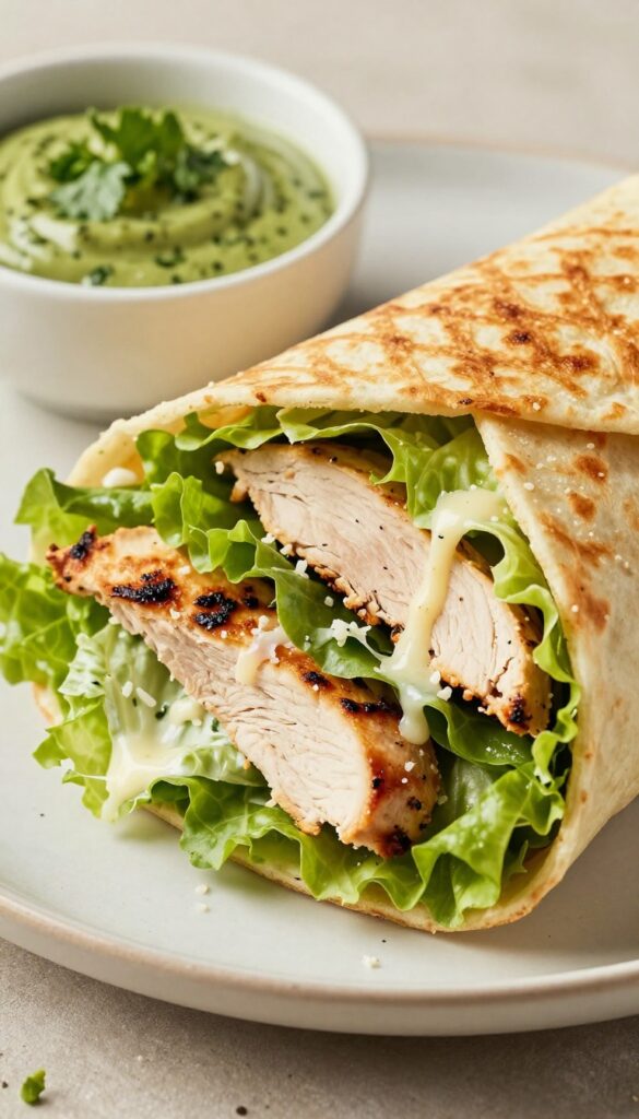 Close-up of Chicken Caesar Salad Wrap with filling visible