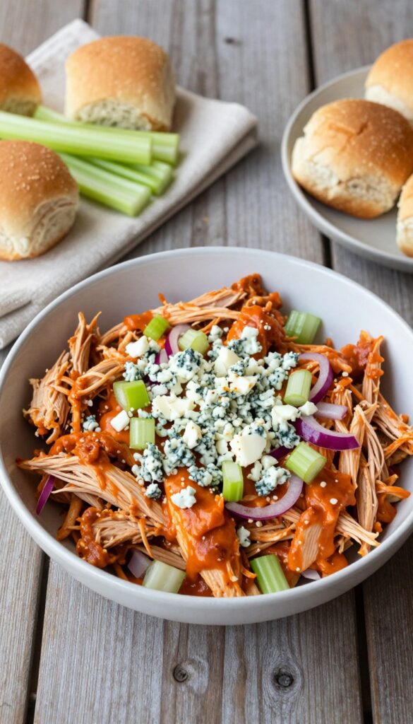 Buffalo chicken salad with blue cheese and celery on a picnic table