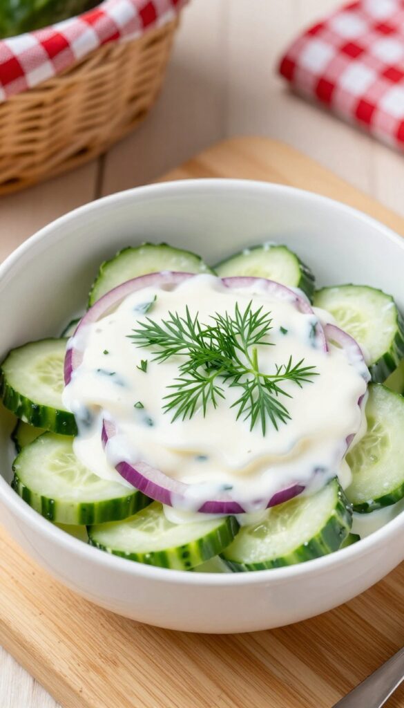 Creamy dill cucumber salad in a white bowl on a picnic table