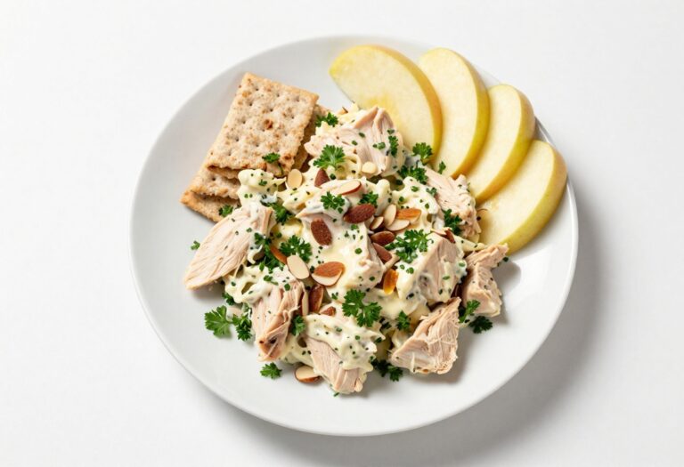 Canned chicken salad on a plate with crackers and apple slices