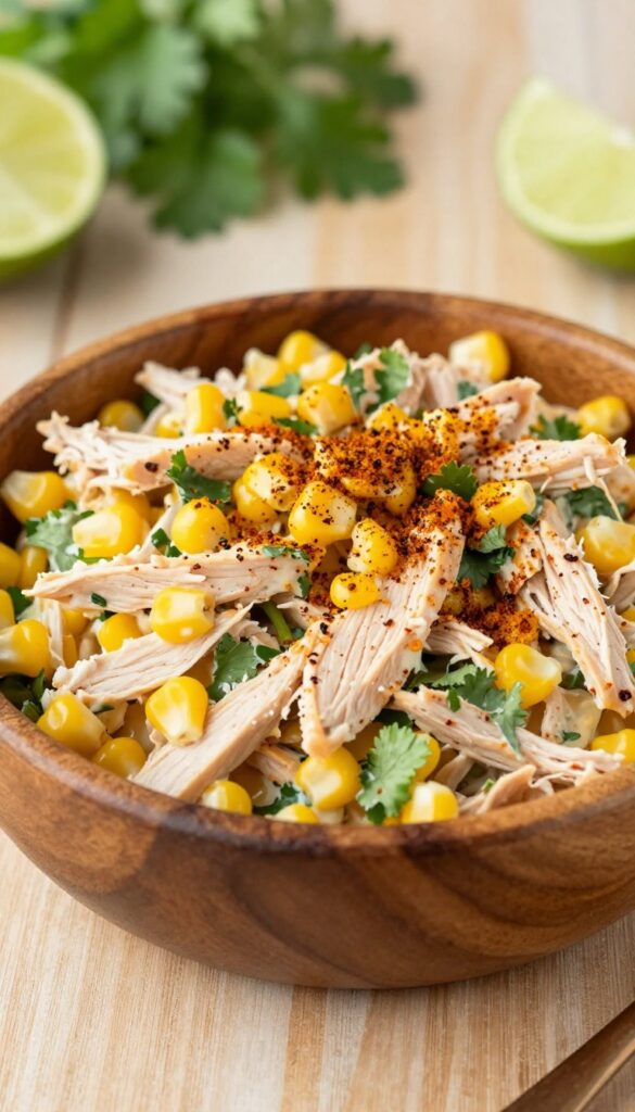 Smoked paprika chicken salad with corn in a wooden bowl