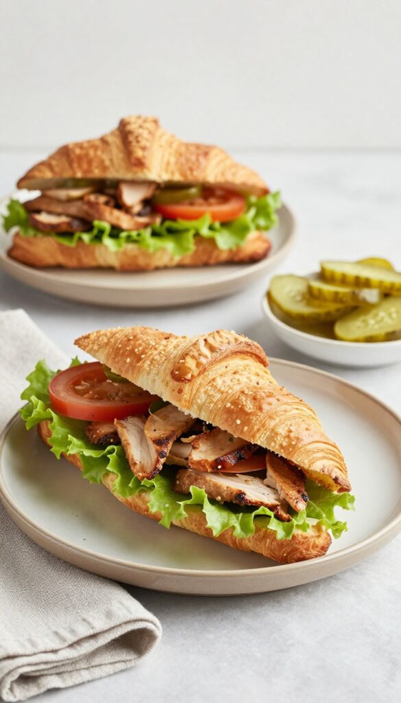 Chicken salad sandwich on a croissant with lettuce and pickles