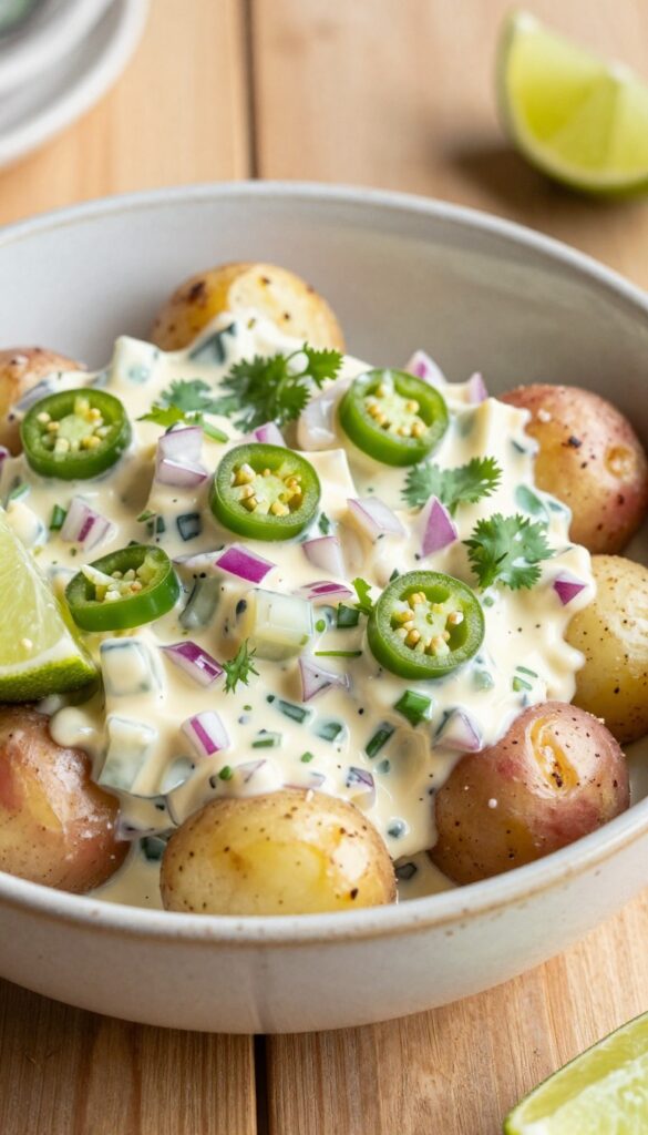 Spicy Jalapeño and Lime Potato Salad in a bowl with fresh ingredients