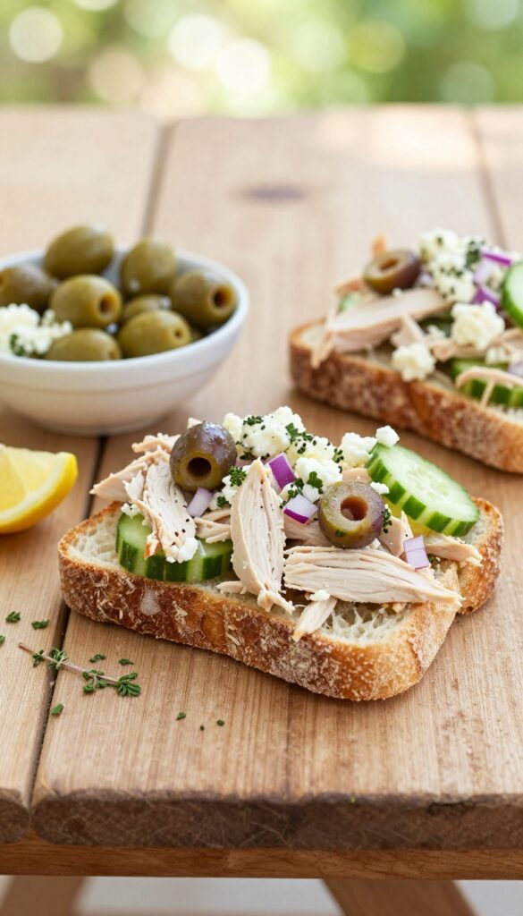 Greek-inspired chicken salad sandwich on ciabatta roll with feta and olives in garden setting