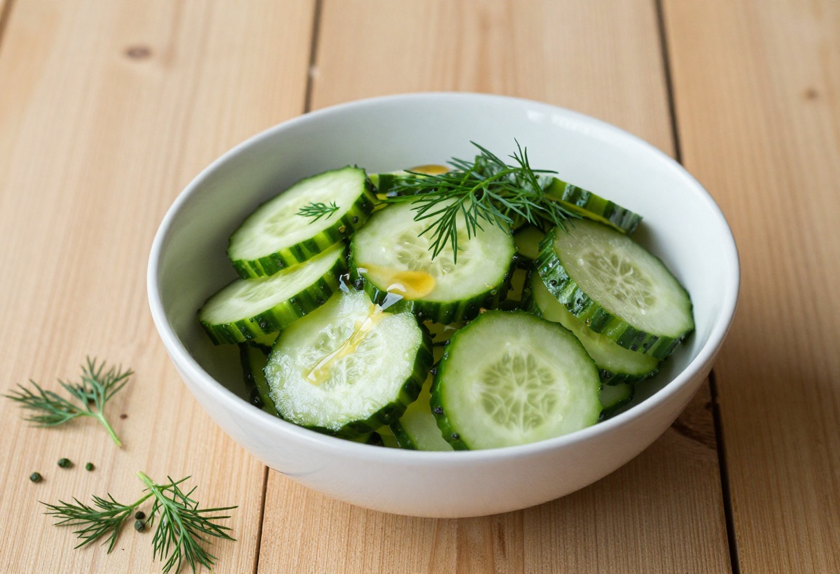 A fresh cucumber salad with dill and vinegar in a bowl on a wooden table, showcasing vibrant colors and cozy presentation.