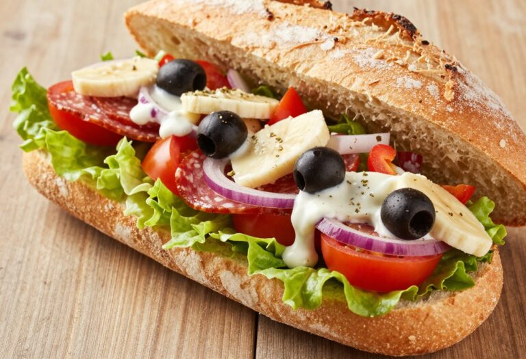Italian chopped salad sandwich with chopped romaine, tomatoes, salami, pepperoni, provolone, and olives in crusty bread, showcasing a balanced and flavorful lunch option.