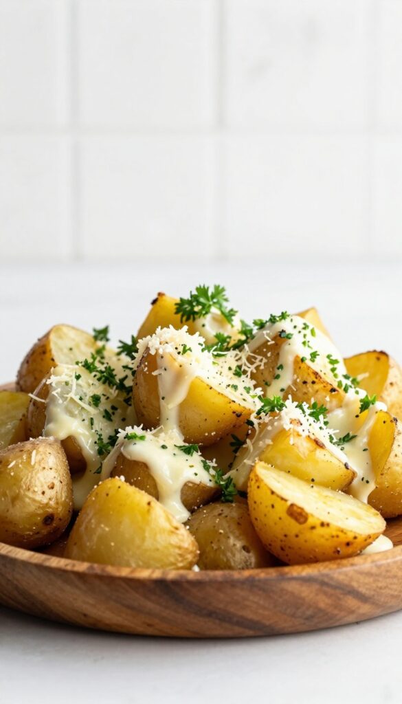Roasted Garlic and Parmesan Potato Salad served on a wooden platter, showcasing golden potatoes with Parmesan and parsley in natural light.