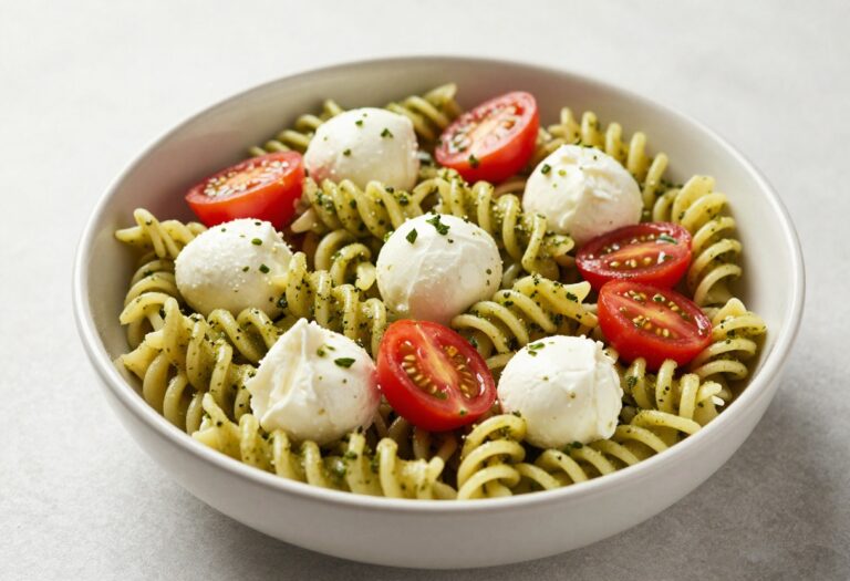 A bowl of cold pesto pasta salad with fusilli, basil pesto, cherry tomatoes, and mozzarella, representing easy, flavorful meals.
