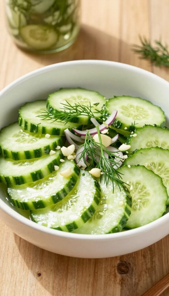 Overhead view of garlic dill pickle cucumber salad in a white bowl with fresh dill and garlic on a wooden table